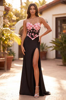 Black Strapless 3D Pink Floral Corset Slit Gown