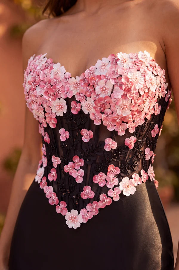 Black Strapless 3D Pink Floral Corset Slit Gown