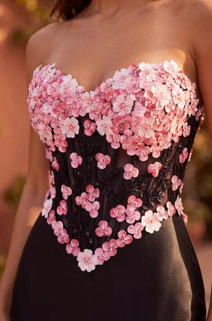 Black Strapless 3D Pink Floral Corset Slit Gown