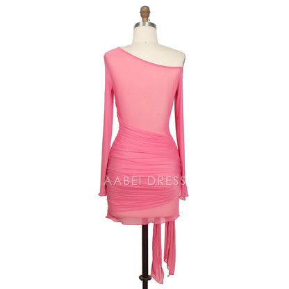AABEI DRESS New Homecoming Dress Sexy Ruched Fashion Skew Collar Long Sleeve Party Desses