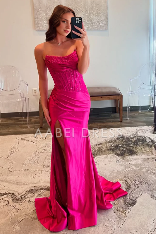 AABEI DRESS Prom Dress Charming Mermaid Strapless Lace Top Satin With Leg Slit Fashion Formal Dress