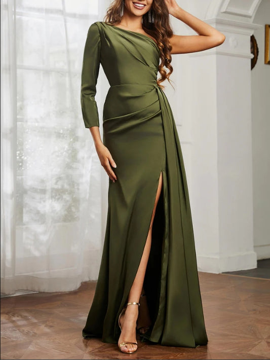 AABEI DRESS Sheath One Shoulder Long Sleeves Satin Pleated Side Fork Sweep Train Exquisite Evening Dress
