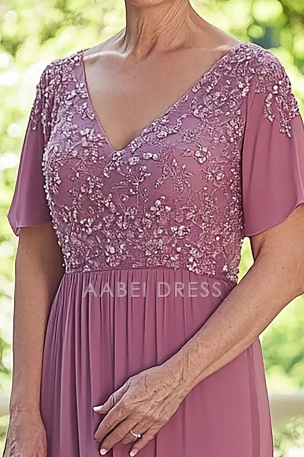 AABEI DRESS Mother Of The Bride Dress Chiffon V-Neck Half Sleeves Lace Applique Exquisite Formal Wear Dresse