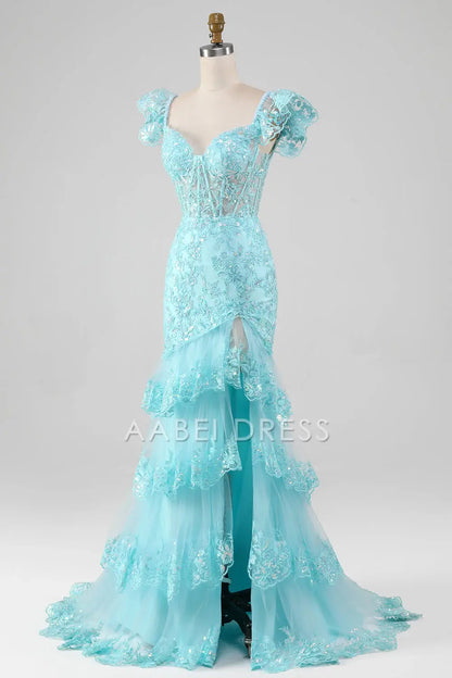 AABEI DRESS Hot Sale Prom Dress Mermaid Off The Shoulder Lace Sequin Tiers Side Fork Sparkle Long Party Dress