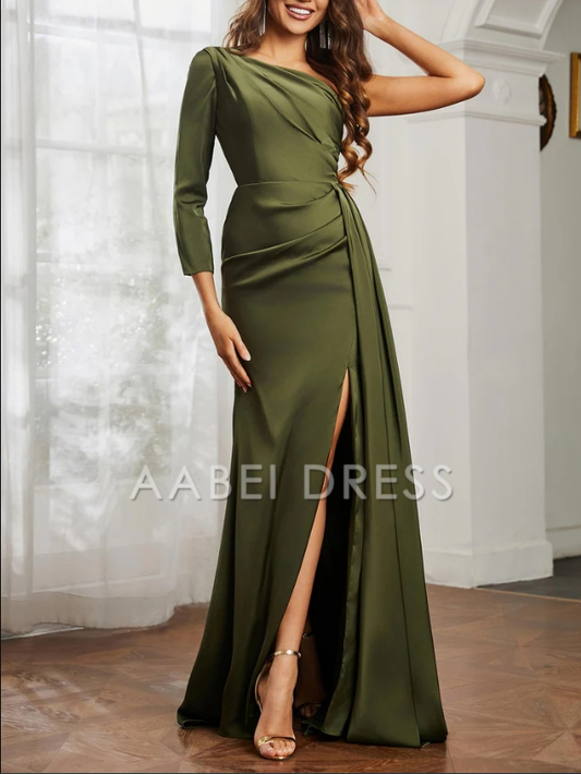 AABEI DRESS Sheath One Shoulder Long Sleeves Satin Pleated Side Fork Sweep Train Exquisite Evening Dress