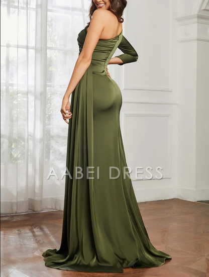 AABEI DRESS Sheath One Shoulder Long Sleeves Satin Pleated Side Fork Sweep Train Exquisite Evening Dress