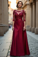 Wedding Guest Dress Elegant Dark Red Satin A Line Boat Collar 3/4 Long Sleeve with Lace Appliques Hot Sale Long Mother of the Bride Dress