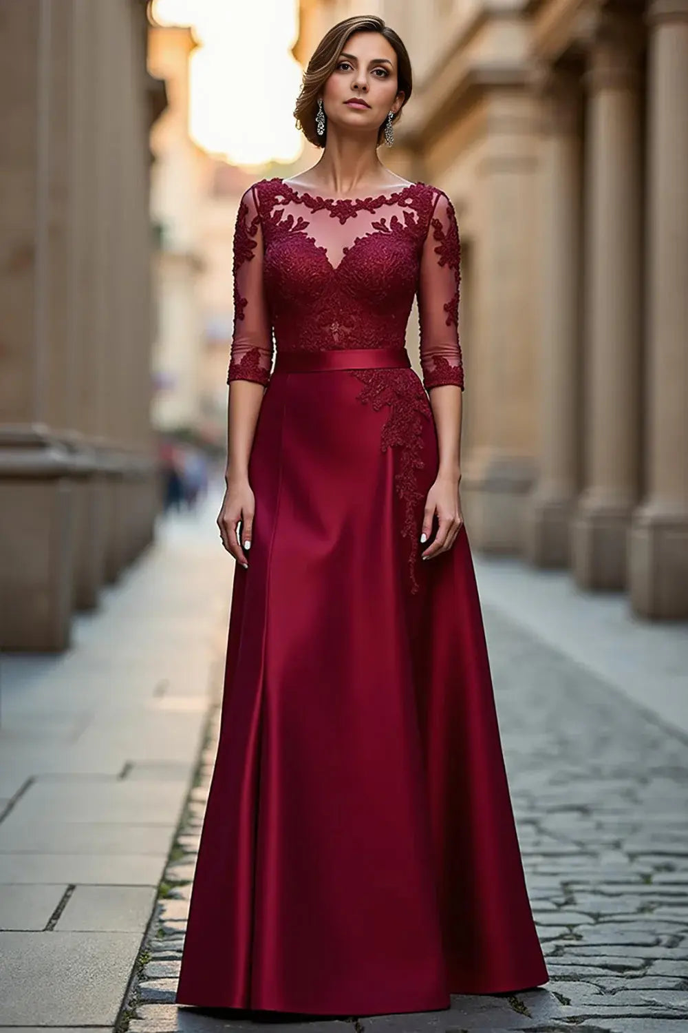 Wedding Guest Dress Elegant Dark Red Satin A Line Boat Collar 3/4 Long Sleeve with Lace Appliques Hot Sale Long Mother of the Bride Dress