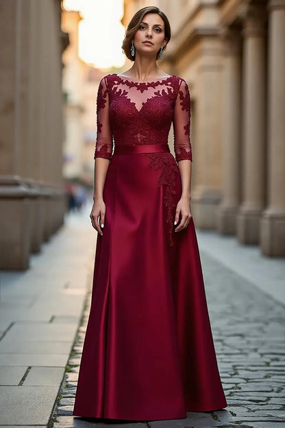 Wedding Guest Dress Elegant Dark Red Satin A Line Boat Collar 3/4 Long Sleeve with Lace Appliques Hot Sale Long Mother of the Bride Dress