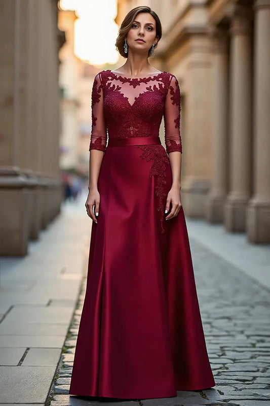 Wedding Guest Dress Elegant Dark Red Satin A Line Boat Collar 3/4 Long Sleeve with Lace Appliques Hot Sale Long Mother of the Bride Dress
