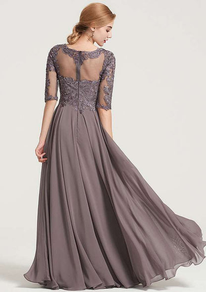 Vintage Elegant Wedding Guest Dresses Chiffon A-line Boat Neck Half Sleeve Lace Appliqued With Beading Ruched Floor-Length Bargain Mother of the Bride Dress