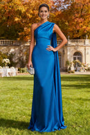 Elegant Prom Dress Royal Blue Mermaid One Shoulder Sleeveless With Cape Bargain Long Wedding Guest Dress