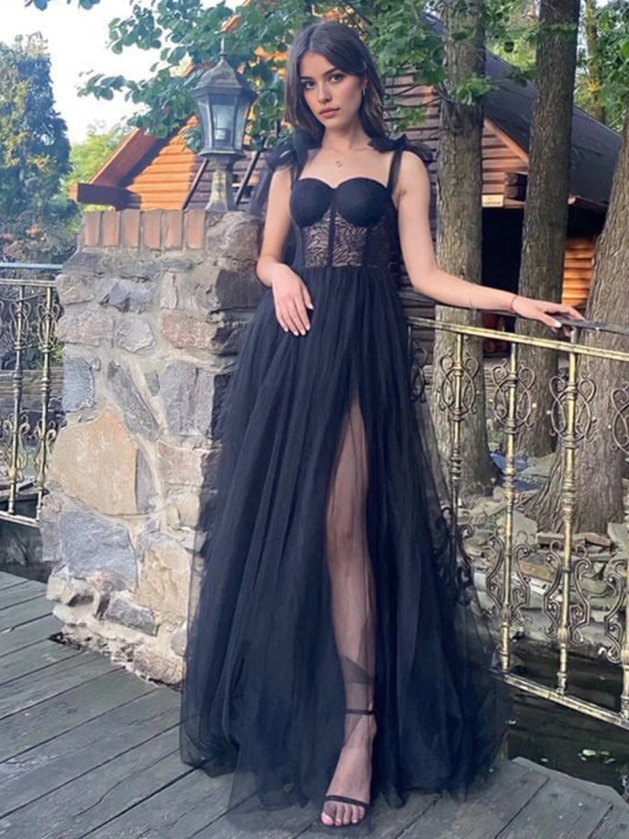 Black Lace A-line Corset Sweetheart Neckline Tulle Sleeveless Exquisite Wedding Guest Dress Long Hot Sale Prom Dresses