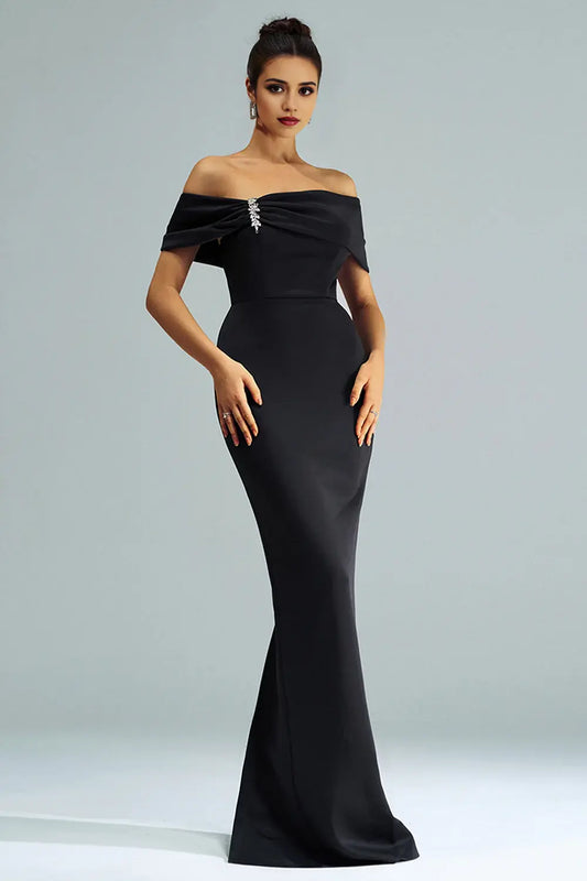 Elegant Black Mermaid Off the Shoulder Strapless Satin with Slit Long Formal Dress Hot Sale Evening Dresses