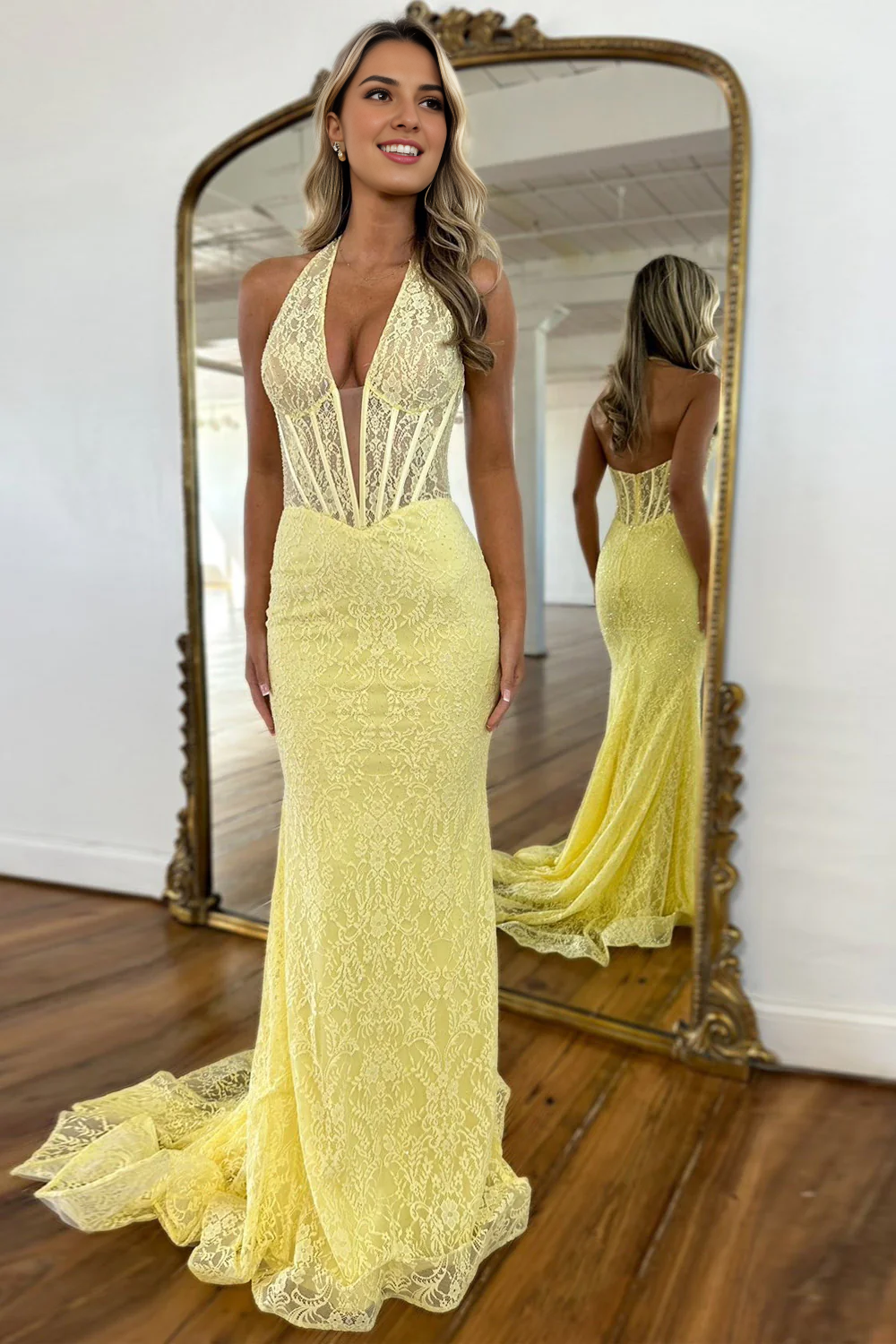 AABEI DRESS Hot Sale Prom Dress Cute Mermaid Halter Neck Backless Long Lace Exquisite Formal Dress