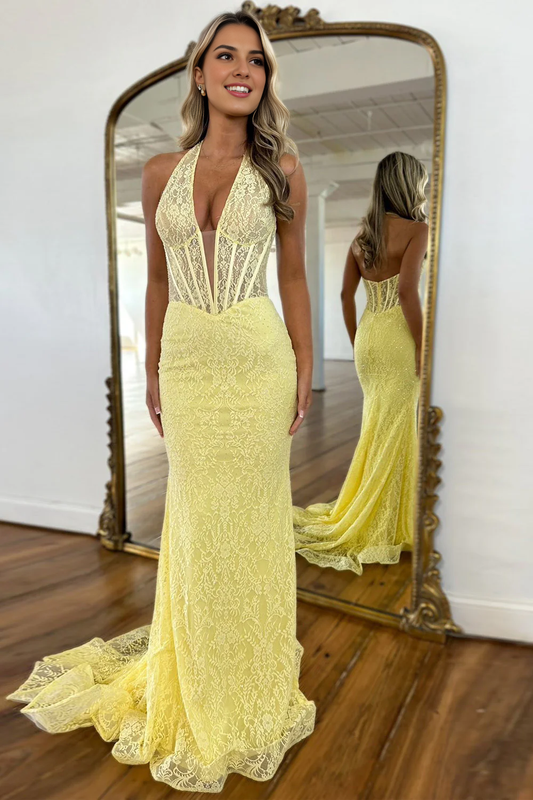 AABEI DRESS Hot Sale Prom Dress Cute Mermaid Halter Neck Backless Long Lace Exquisite Formal Dress