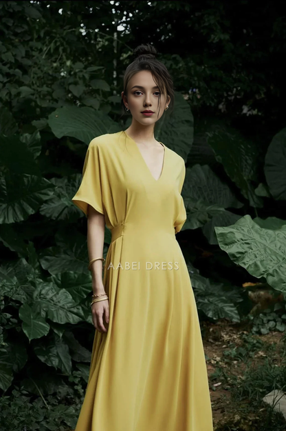 AABEI DRESS Beautiful A-line V Neck Short Sleeves Ankle Length Prom Party Dress