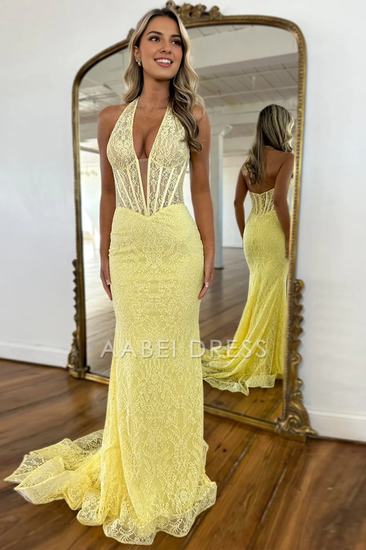 AABEI DRESS Hot Sale Prom Dress Cute Mermaid Halter Neck Backless Long Lace Exquisite Formal Dress