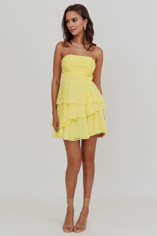Fashion Bright Yellow A Line Strapless Pleated Multi-Layered Ruffled Cute Mini Dress Hot Sale Homecoming Dress