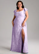 Wedding Guests Dresses Lilac Modern A-Line Square Neck Ruffles Flutter Sleeve Side Slit Floral Jacquard Backless Romantic Plus Size Formal Dress Discount Hot Sale Prom Dress