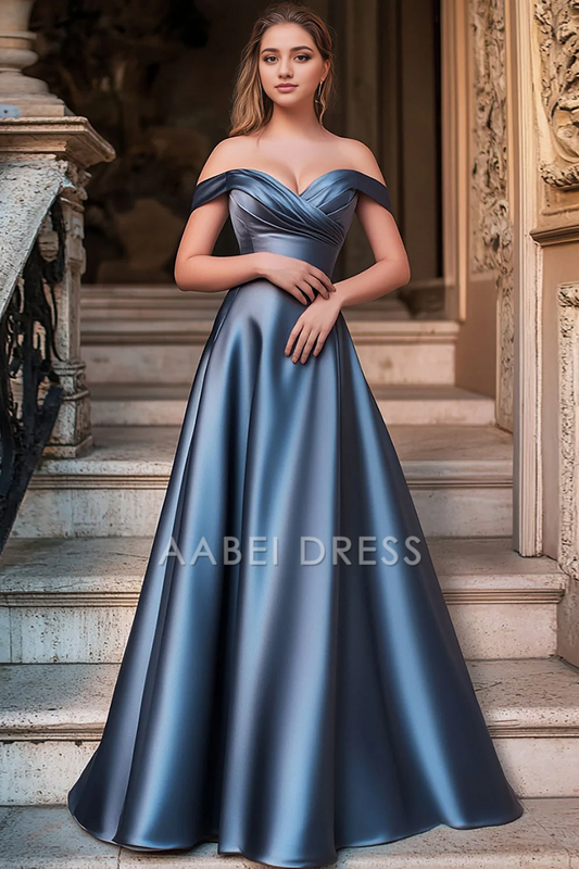 AABEI DRESS Hot Sale Prom Dress A Line Off The Shoulder Pleated Satin Long Fashion Formal Dress