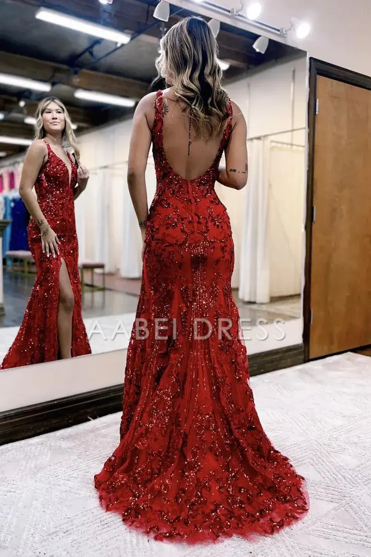 AABEI DRESS Prom Dress Charming Mermaid V Neck Sequins Lace Prom Dress with Slit High Quality Formal Dress