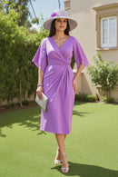Purple Sheath V Neck with Flutter Short Sleeves Pleated Waist Rear Fork Elegant Midi Wedding Guest Dress Hot Sale Mother of the Bride Dresses
