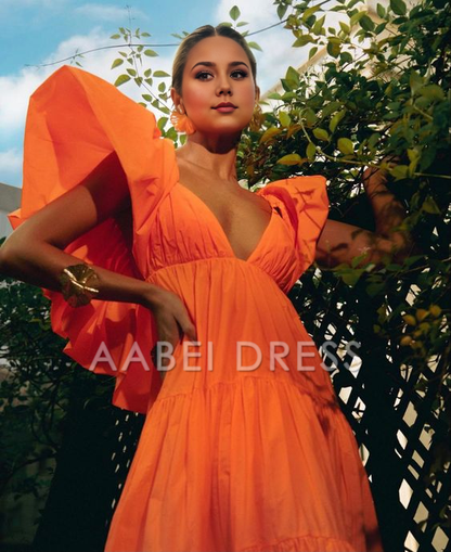 AABEI DRESS Prom Dress A-Line Deep V Neck Short Sleeves Pleated Long Exquisite Adoration Dress