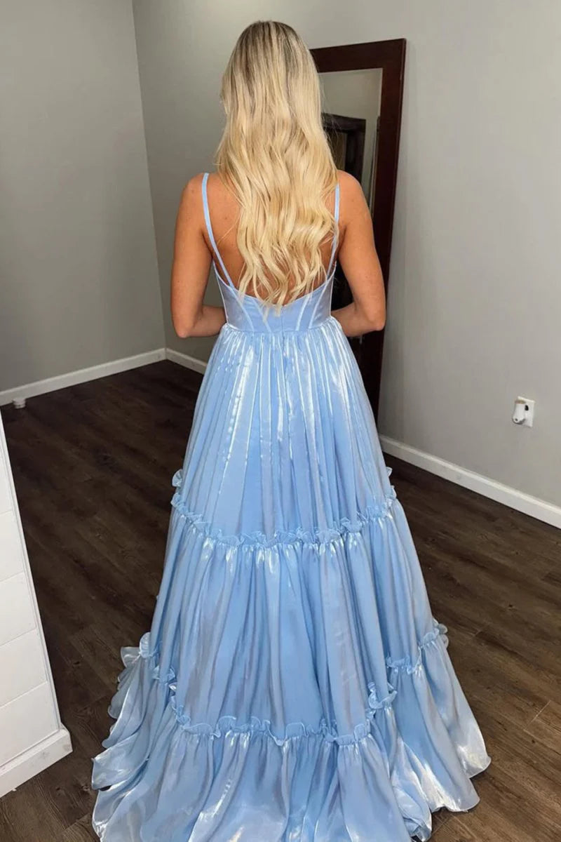 Glitter Light Blue A Line V Neck Spaghetti Strap Tiers Ruched Backless Cute Wedding Guest Dress Long Hot Sale Prom Dresses