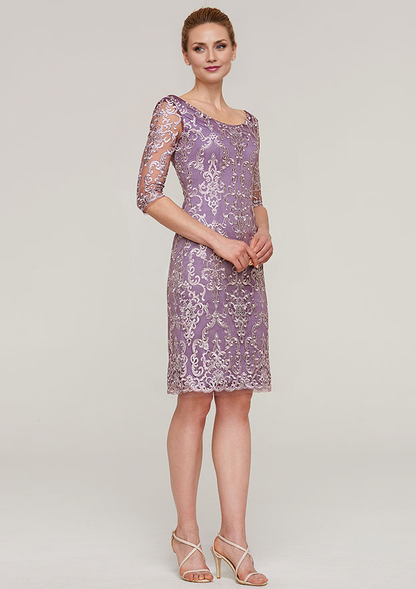 Vintage Wedding Guest Dresses Purple Sheath/Column Boat Neck Half Sleeve Lace Applique With Jacket Two-Piece Knee-Length Bargain Mother of the Bride Dress