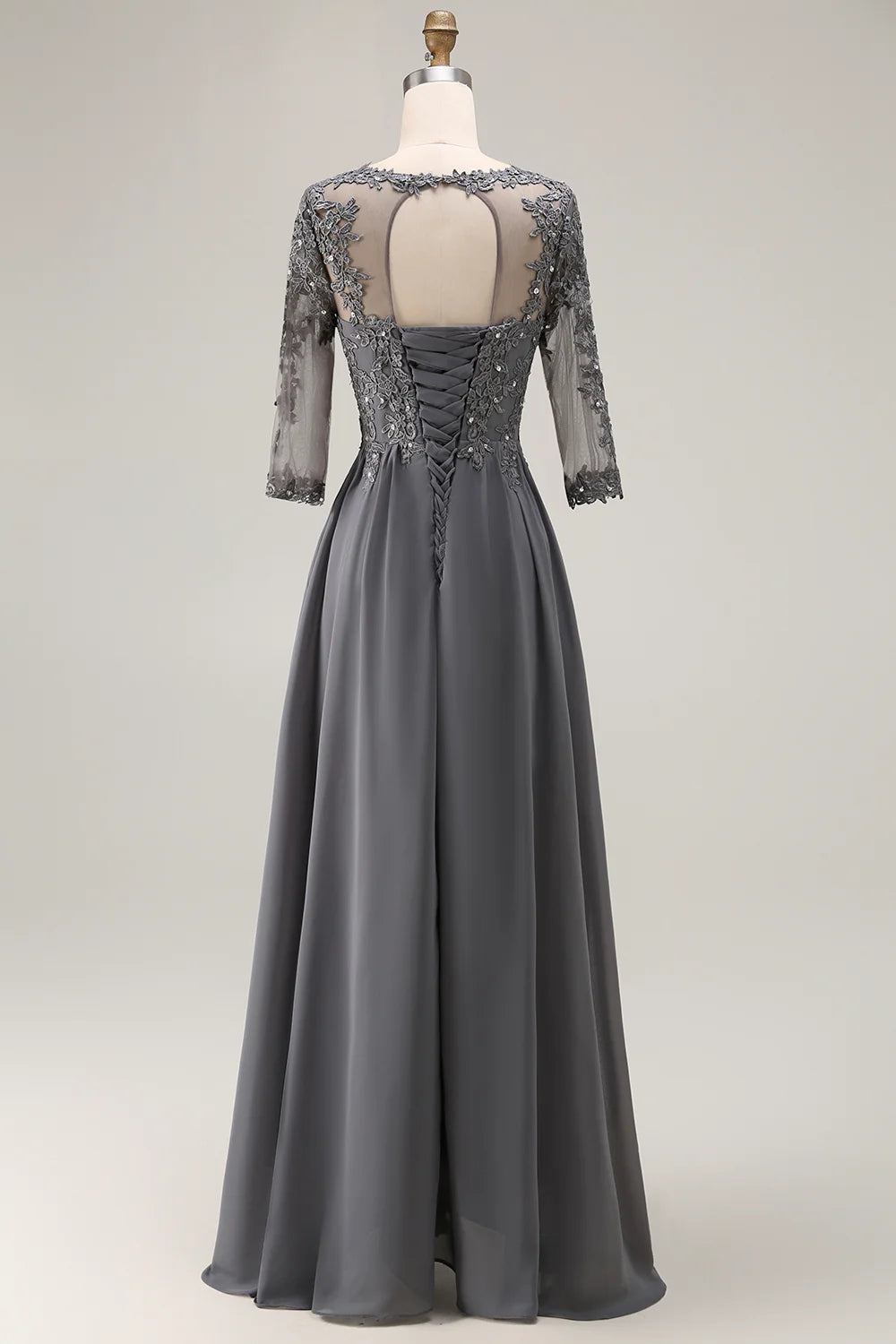 Wedding Guest Dress Sparkly Steel Grey A Line Sweetheart Neckline Lace Appliqued High-Low Ruched Hem Sleeves Retro Long Mother of the Bride Dress