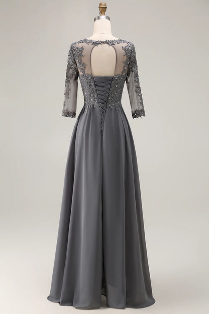 Wedding Guest Dress Sparkly Steel Grey A Line Sweetheart Neckline Lace Appliqued High-Low Ruched Hem Sleeves Retro Long Mother of the Bride Dress