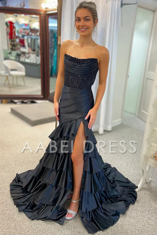 AABEI DRESS Prom Dress Strapless Scoop Layered Pleated Mermaid Side Fork Elegant Formal Dress