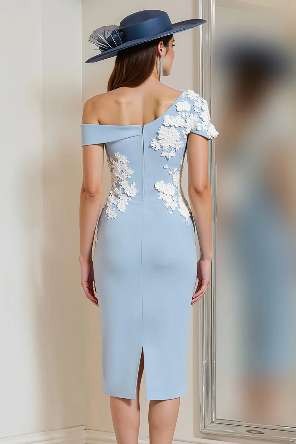 Light Blue Exquisite Bodycon One Shoulder Cap Sleeve Lace Applique with Slit Long Wedding Guest Dress For Women New Style Mother of the Bride Dress