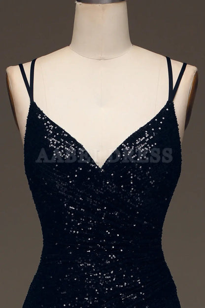 Prom Dress Sparkly Spaghetti Straps Sequin Mermaid Cultivate oneself Backless Side Fork Long Formal Wear Dresses