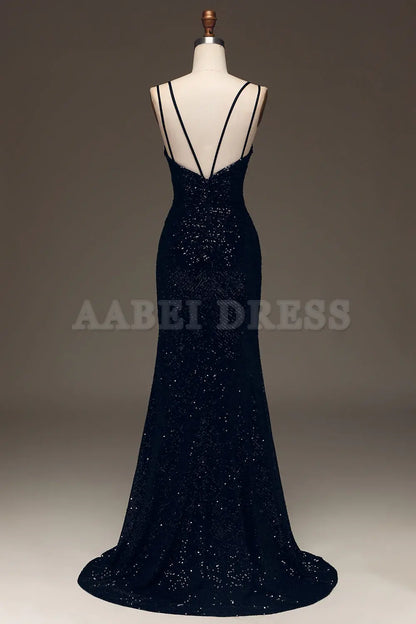 Prom Dress Sparkly Spaghetti Straps Sequin Mermaid Cultivate oneself Backless Side Fork Long Formal Wear Dresses