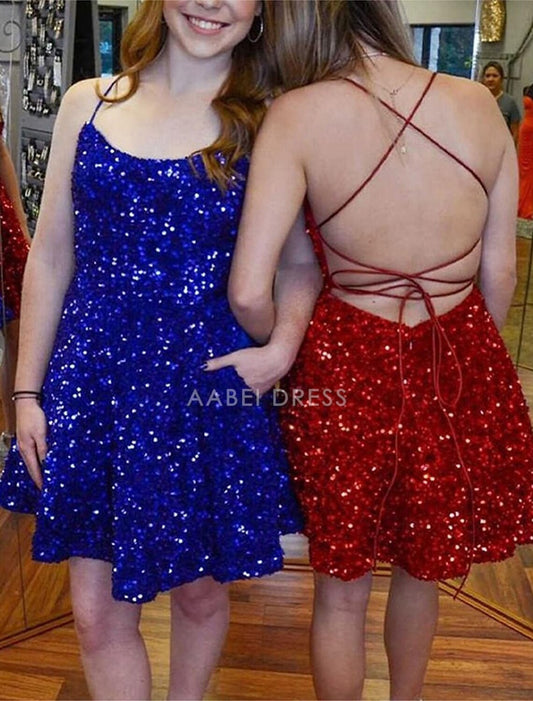 AABEI DRESS New Homecoming Dress Charming A-Line Backless Dress Graduation Cocktail Party Sleeveless Spaghetti Strap Backless with Glitter Criss Cross Sequin Short Prom Dresses