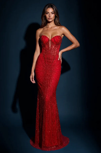Red Strapless Radiant Beaded Mermaid Corset Gown