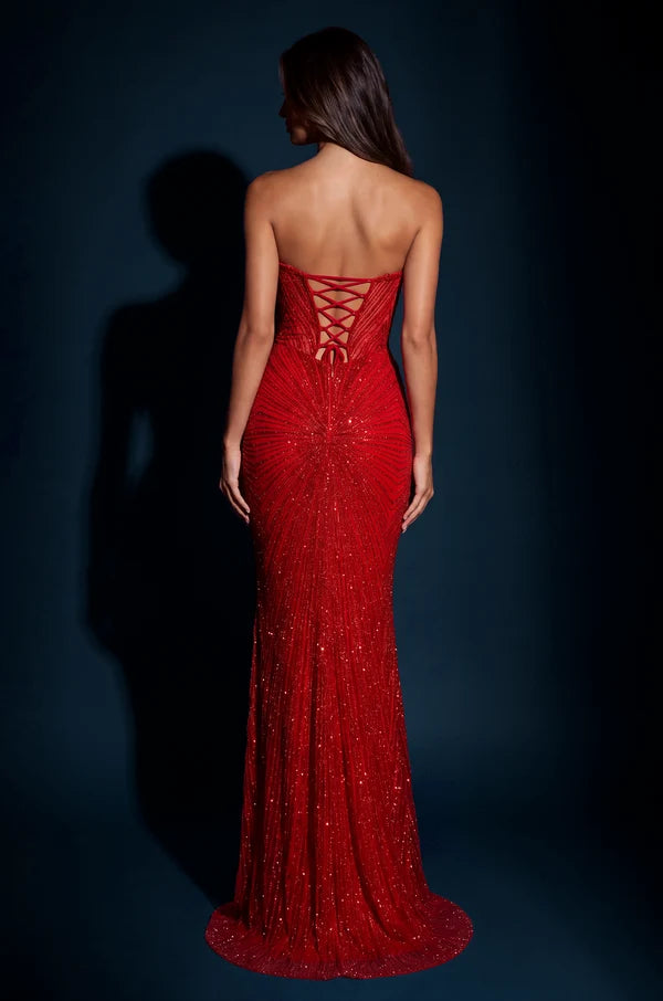 Red Strapless Radiant Beaded Mermaid Corset Gown