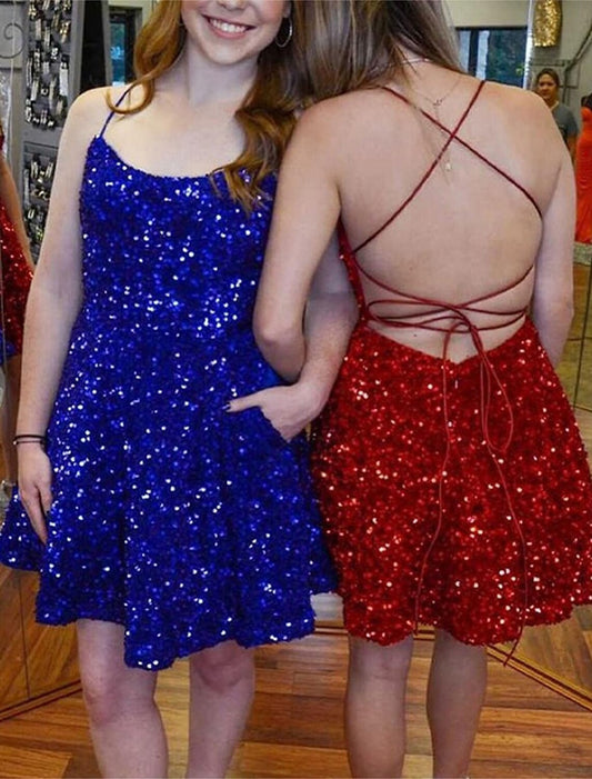 AABEI DRESS New Homecoming Dress Charming A-Line Backless Dress Graduation Cocktail Party Sleeveless Spaghetti Strap Backless with Glitter Criss Cross Sequin Short Prom Dresses