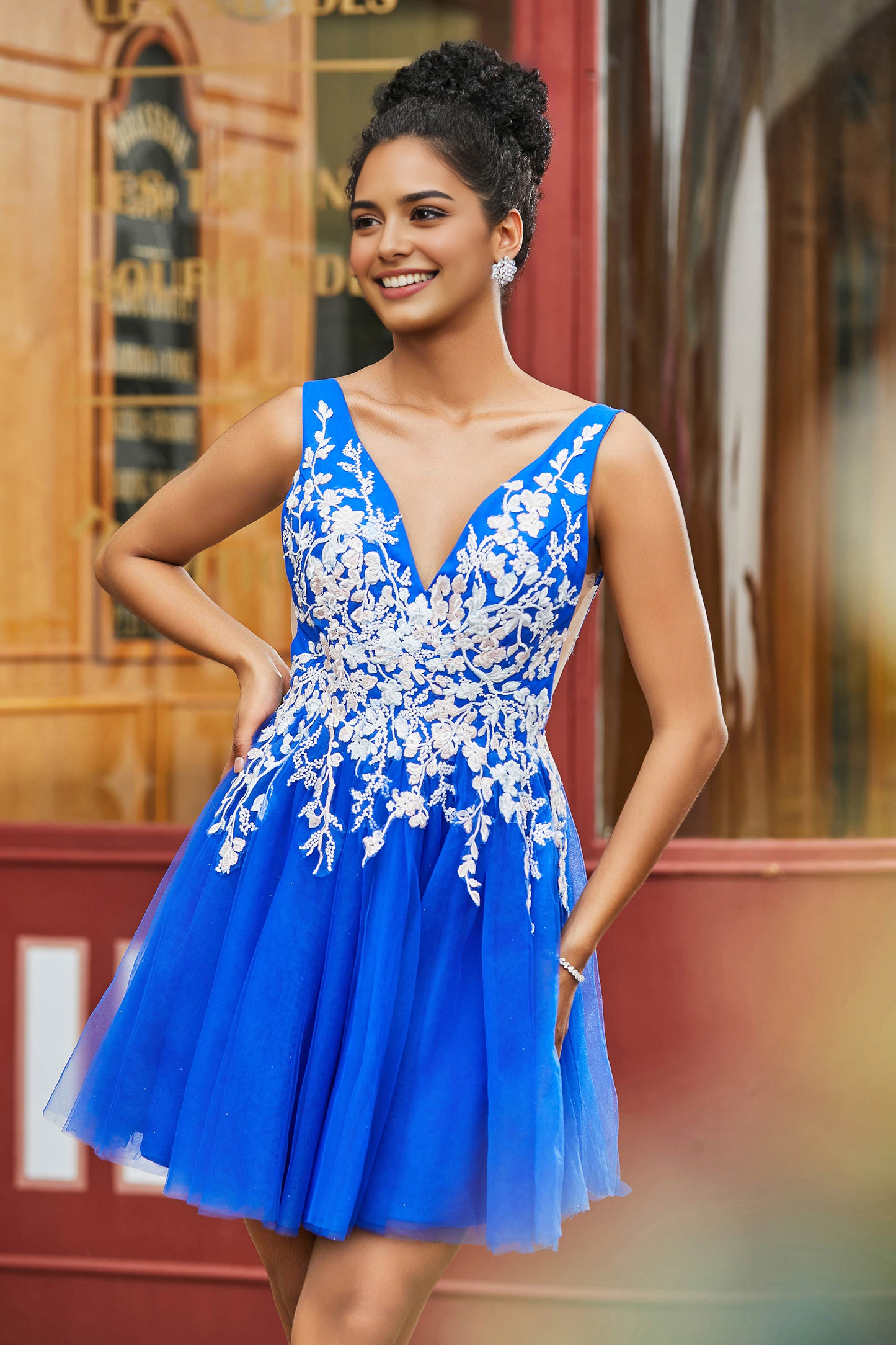 AABEI DRESS Short Dress Elegant A Line V Neck Sleeveless Backless Tulle Ruched Lace Applique Retro New Homecoming Dress