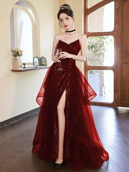 Sparkly A-line V-neck Spaghetti Strap Open Back Slit Long Prom Gown