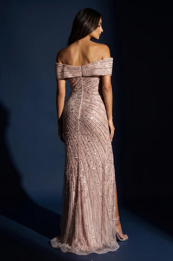 Blush Beaded Mermaid Off Shoulder Zip Back Slit Long Prom Dress