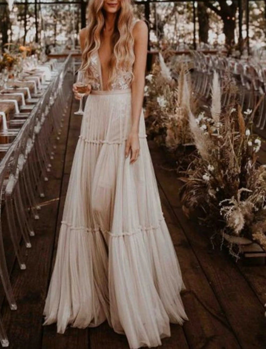 Beach Sexy V Neck Sleeveless Floor Length Tulle Bridal Gowns With Wedding Dresses
