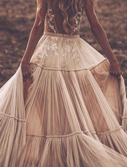 Beach Sexy V Neck Sleeveless Floor Length Tulle Bridal Gowns With Wedding Dresses