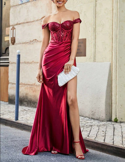 AABEI DRESS Mermaid Off-the-Shoulder Sleeveless Pleated Corset Bodice Side Fork Satin Sweep Train Elegant Fashion Evening Dress
