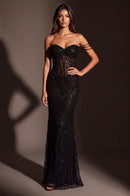 Black Off Shoulder Beaded Sheer Mermaid Corset Gown