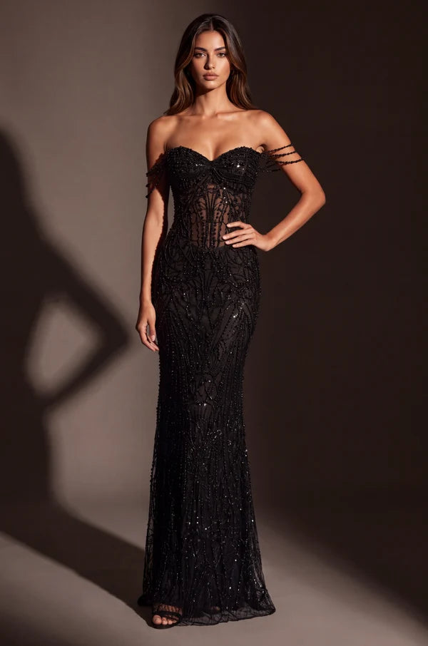 Black Off Shoulder Beaded Sheer Mermaid Corset Gown