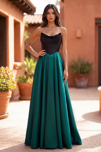 Emerald Strapless Corset Satin A-Line Prom Gown