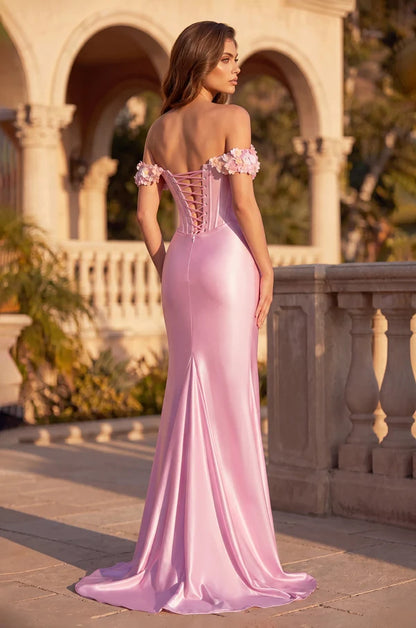 Pink Satin Mermaid Off Shoulder 3D Floral Lace Up Back Slit Long Prom Dress